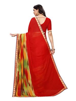 Red printed georgette saree with blouse 4