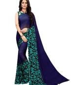 Navy blue printed georgette saree with blouse