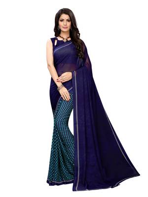 Navy Blue Printed Georgette Saree With Blouse 1