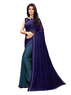Navy Blue Printed Georgette Saree With Blouse 2