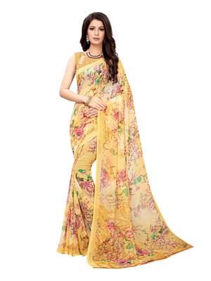 Yellow printed chiffon saree with blouse 1