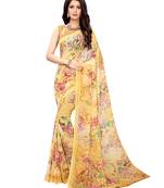 Yellow printed chiffon saree with blouse