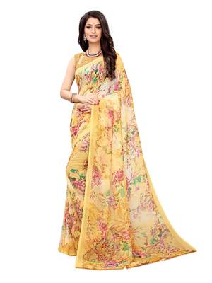 Yellow printed chiffon saree with blouse 2
