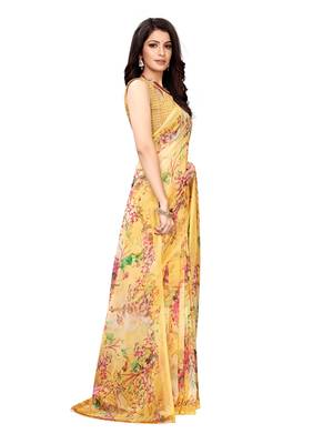 Yellow printed chiffon saree with blouse 3