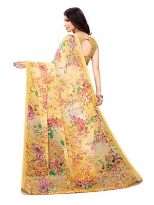 Yellow printed chiffon saree with blouse 4