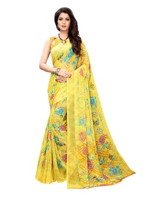 Yellow printed chiffon saree with blouse 1