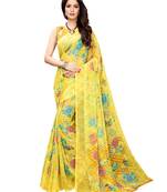 Yellow printed chiffon saree with blouse