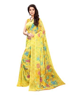 Yellow printed chiffon saree with blouse 2