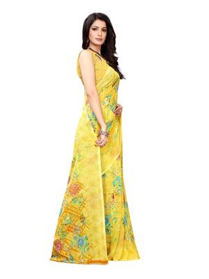 Yellow printed chiffon saree with blouse 3