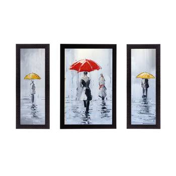 Set of 3 Loving Couple Under Umbrella in rain Satin Matt Texture UV Art Painting 1
