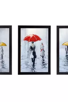 Set of 3 Loving Couple Under Umbrella in rain Satin Matt Texture UV Art Painting