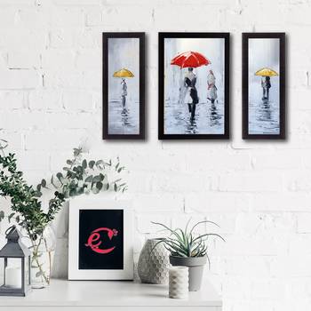 Set of 3 Loving Couple Under Umbrella in rain Satin Matt Texture UV Art Painting 2