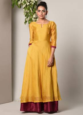 Mustard Yellow Maroon Border Suit Dress 1
