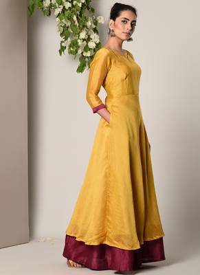 Mustard Yellow Maroon Border Suit Dress 3