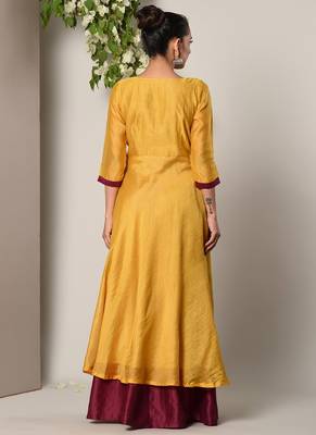 Mustard Yellow Maroon Border Suit Dress 4