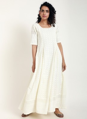 white Chicken Bordered Flare Dress 