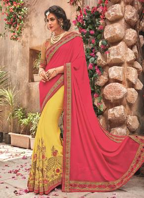 Dark pink embroidered chiffon saree with blouse 1