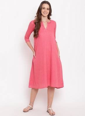 Brick Pink Dobby Grid Flared Dress 1