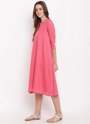 Brick Pink Dobby Grid Flared Dress 2