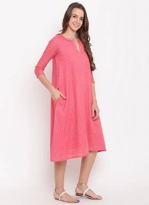 Brick Pink Dobby Grid Flared Dress 3