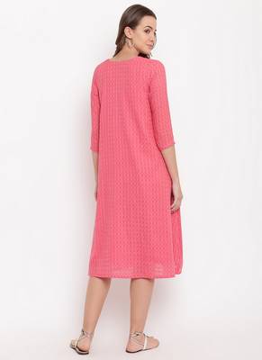 Brick Pink Dobby Grid Flared Dress 4