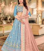 Sky-blue embroidered silk semi stitched lehenga