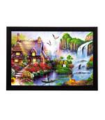 Village Scenic View and Waterfall Satin Matt Texture UV Art Painting