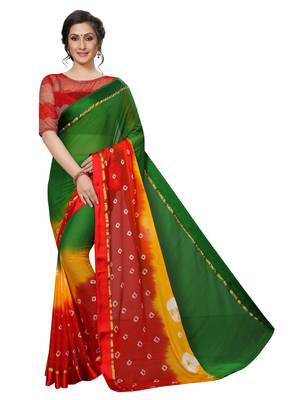 Green printed chiffon saree with blouse 1