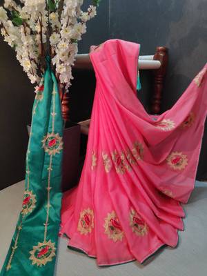 Pink embroidered chiffon saree with blouse 1