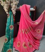 Pink embroidered chiffon saree with blouse