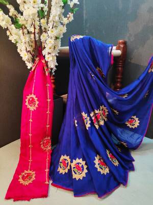 Blue embroidered chiffon saree with blouse 1