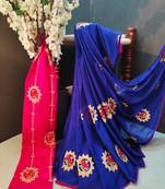 Blue embroidered chiffon saree with blouse