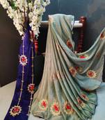 Grey embroidered chiffon saree with blouse