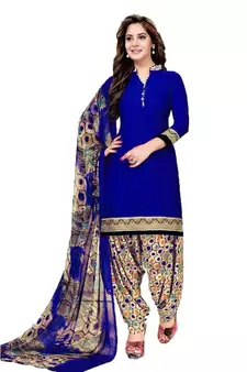 Blue Printed Synthetic Unstitched Salwar With Dupatta