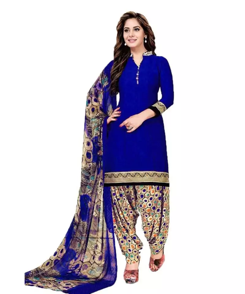 Blue Printed Synthetic Unstitched Salwar With Dupatta