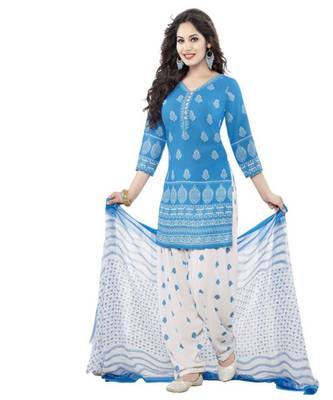 Blue Printed Synthetic Unstitched Salwar With Dupatta 1