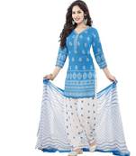 Blue Printed Synthetic Unstitched Salwar With Dupatta