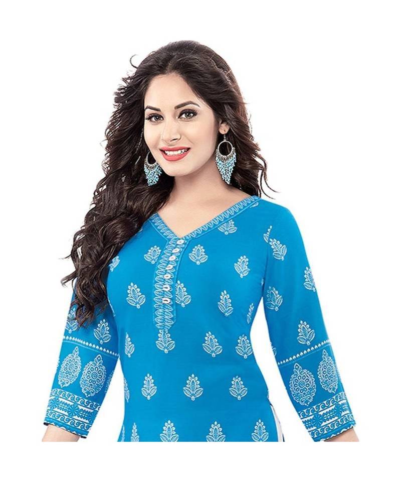 Blue Printed Synthetic Unstitched Salwar With Dupatta