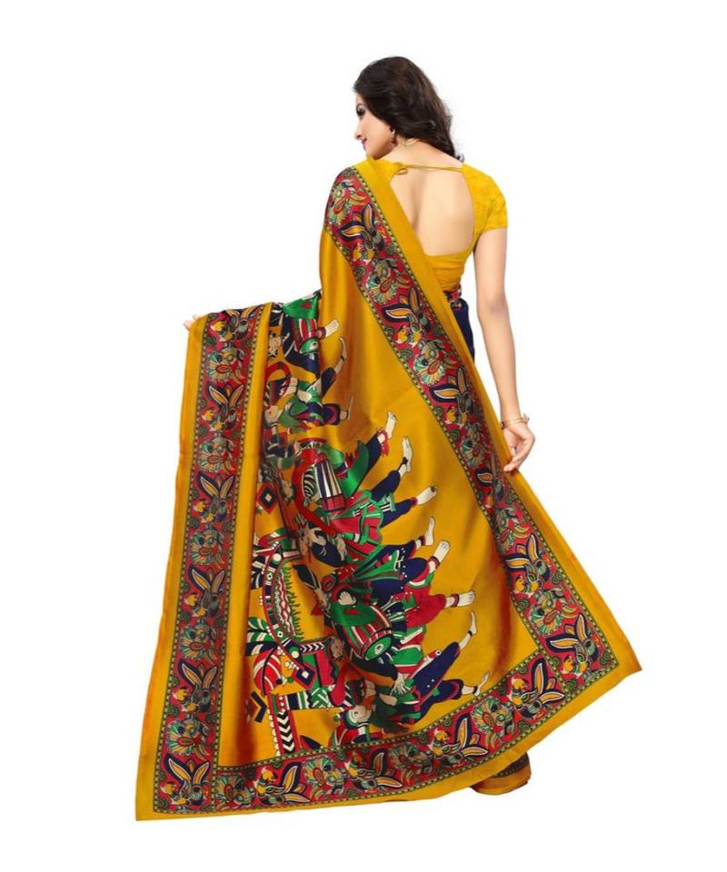 blue printed art silk saree with blouse