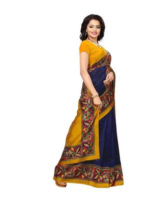 blue printed art silk saree with blouse 3