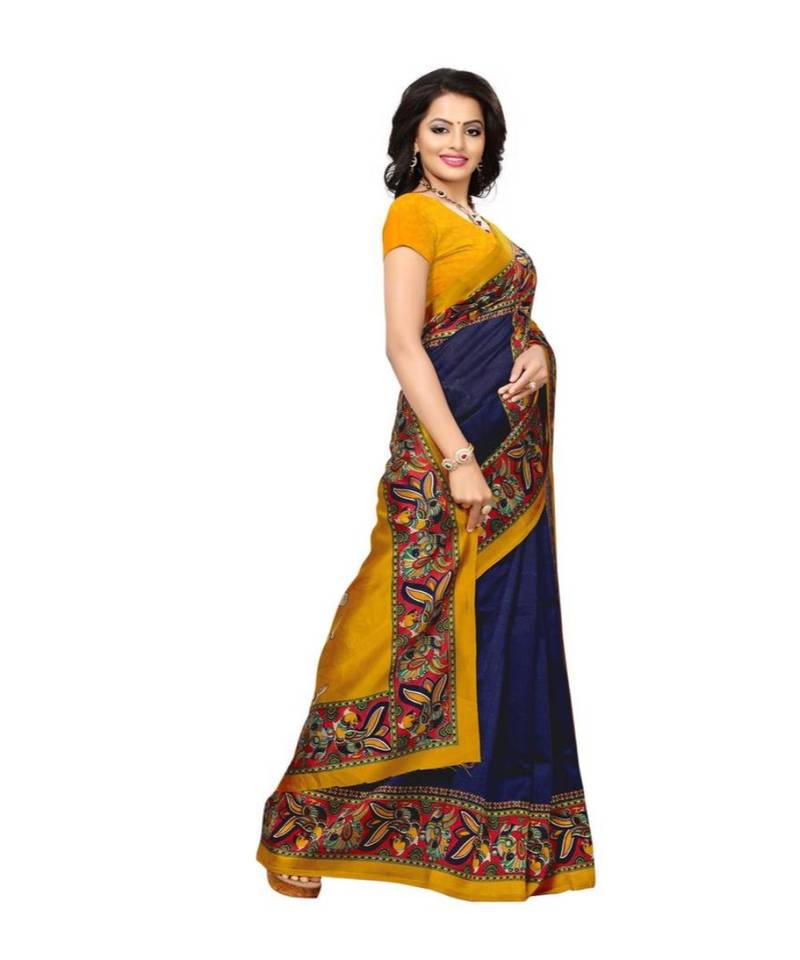blue printed art silk saree with blouse