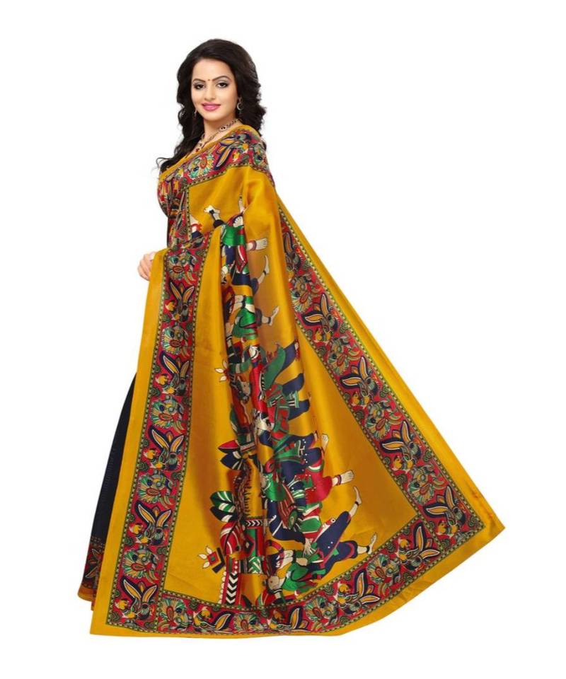 blue printed art silk saree with blouse