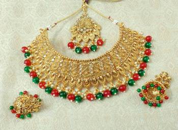Lalso Designer Gold Plated Kundan Stone Multicolour Drops Bridal Choker Necklace Earring Jewelry Set - LCN25_MG 1