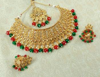 Lalso Designer Gold Plated Kundan Stone Multicolour Drops Bridal Choker Necklace Earring Jewelry Set - LCN25_MG 2