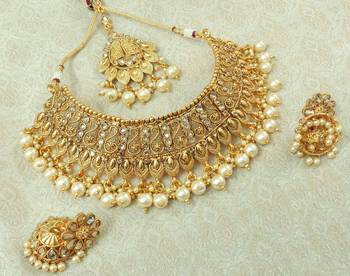 Lalso Designer Gold Plated Kundan Stone Golden Drops Bridal Choker Necklace Earring Jewelry Set - LCN25_LCT 1