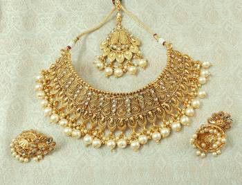 Lalso Designer Gold Plated Kundan Stone Golden Drops Bridal Choker Necklace Earring Jewelry Set - LCN25_LCT 2
