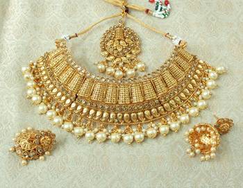 Lalso Designer Gold Plated Kundan Stone Golden Drops Bridal Choker Necklace Earring Jewelry Set - LCN26_LCT 1