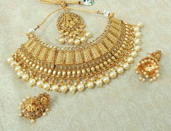 Lalso Designer Gold Plated Kundan Stone Golden Drops Bridal Choker Necklace Earring Jewelry Set - LCN26_LCT 2