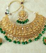 Lalso Designer Gold Plated Kundan Stone Green Drops Bridal Choker Necklace Earring Jewelry Set - LCN27_GR