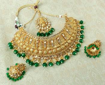 Lalso Designer Gold Plated Kundan Stone Green Drops Bridal Choker Necklace Earring Jewelry Set - LCN27_GR 2